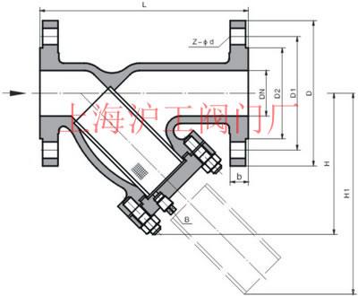 GL41H 型 PN10~PN16 法蘭連接鐵制Y型過濾器主要外形及結(jié)構(gòu)尺寸示意圖