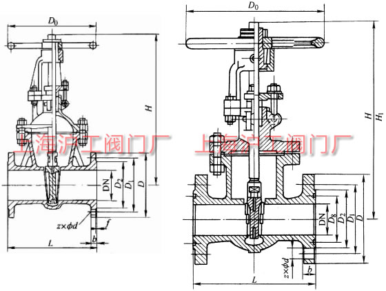 Z40W、Z40Y 不銹鋼閘閥外形及結(jié)構(gòu)尺寸示意圖