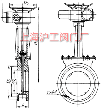 PZ973H、PZ973F、PZ973Y 型電動刀型閘閥(刀閘閥)外形及結(jié)構(gòu)尺寸示意圖