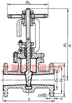 Z41F46 型 PN16、PN25 氟塑料襯里楔式閘閥主要外形及結(jié)構(gòu)尺寸示意圖